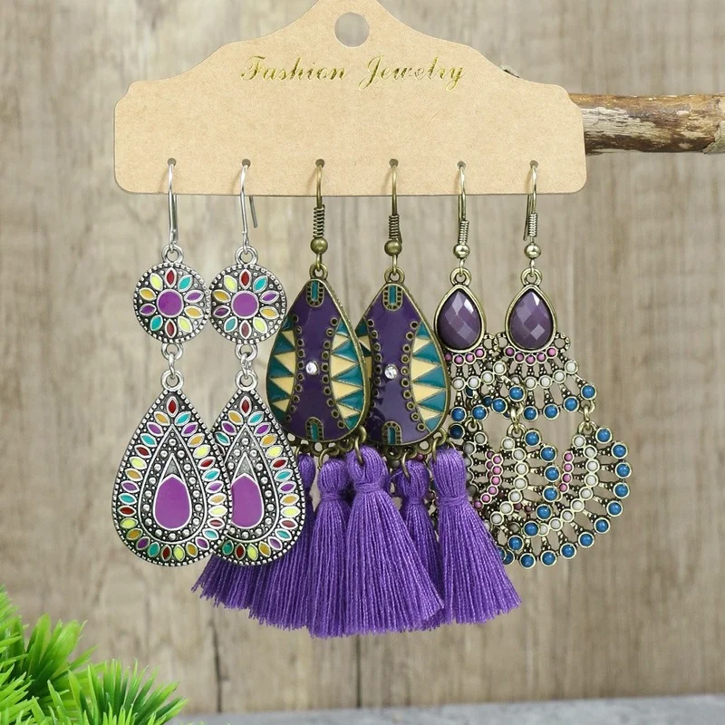 Ethnic Style 3 Pairs Earrings Set Fashion Accessories Tassel Combination Irregular Holiday Earrings Boho Dangle Women's Earrings