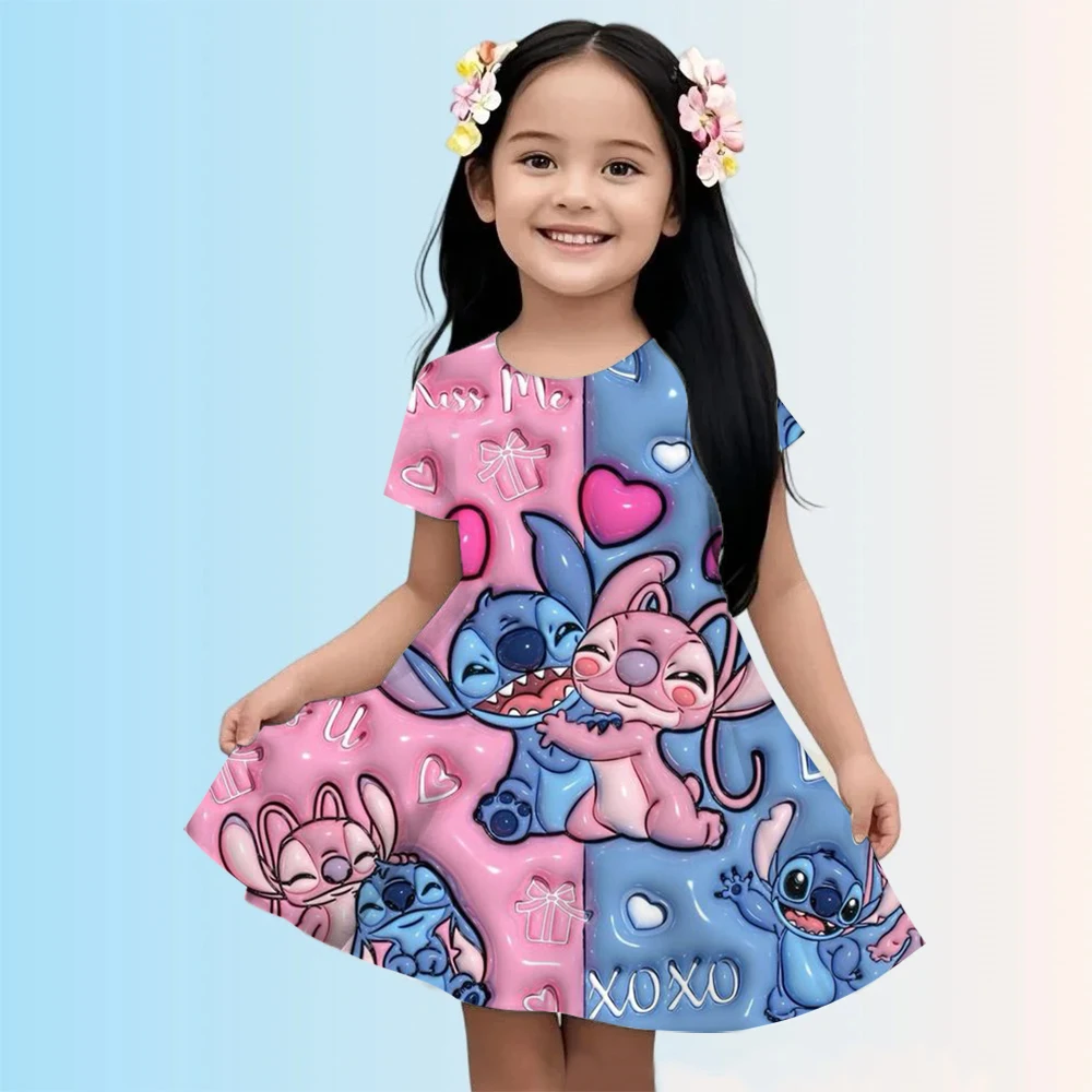

Kawaii Stitch Dress Casual Outfits Girl Summer Disney Classic Lilo ; Stitch Cute Pattern ,Printed Children Girl's Cute Dress