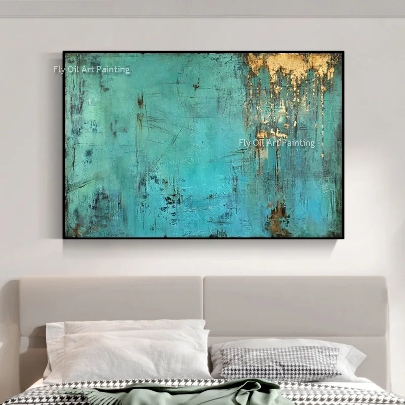 

Abstract Blue White Golden Thick Oil Painting On Canvas Green And White Gold Foil Artwork Modern Wall Art Decor For Living Room