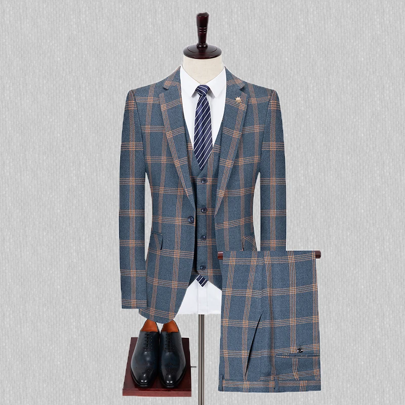 Spring and Autumn Suit Wedding 2024  Men（ Suit + Waistcoat + Trousers) Fashion Checkered British Slim-fit Suit Three-piece Set