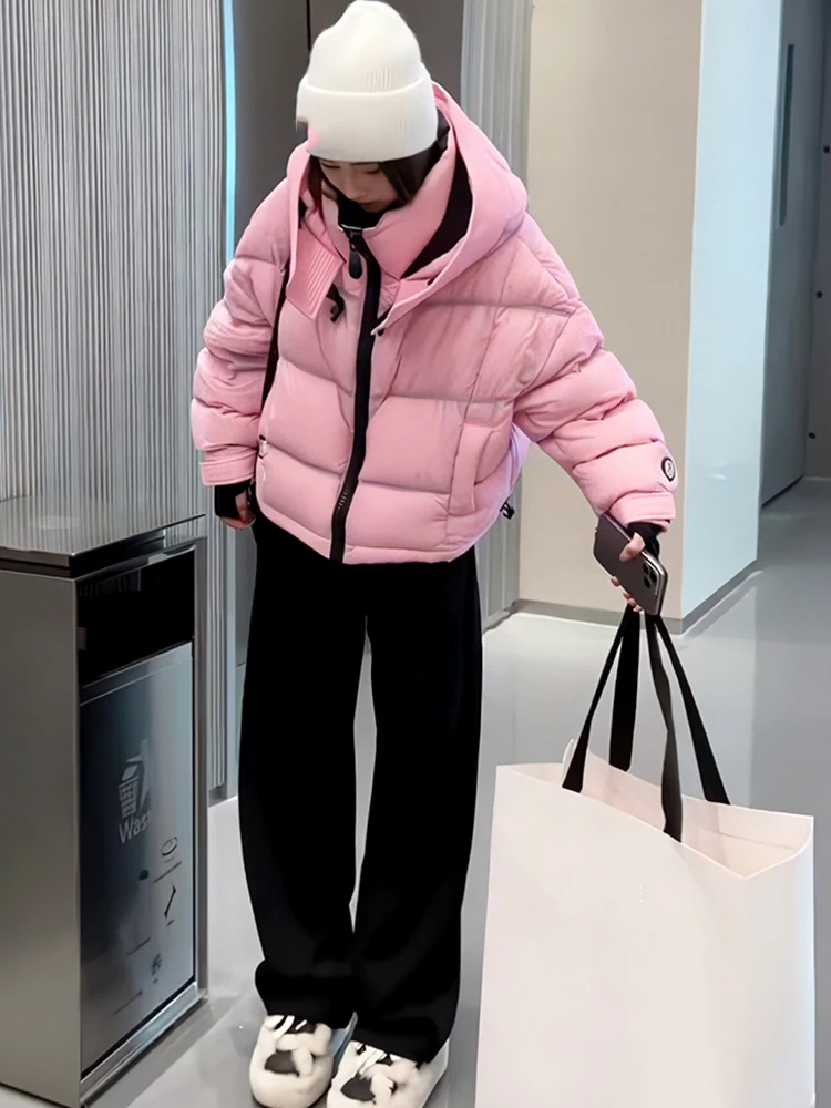 

Winter Short Loose Warm Hooded Down Jacket Women White Duck Down Puff Parker Outwears Female Solid Thicken Zipper Quilted Jacket