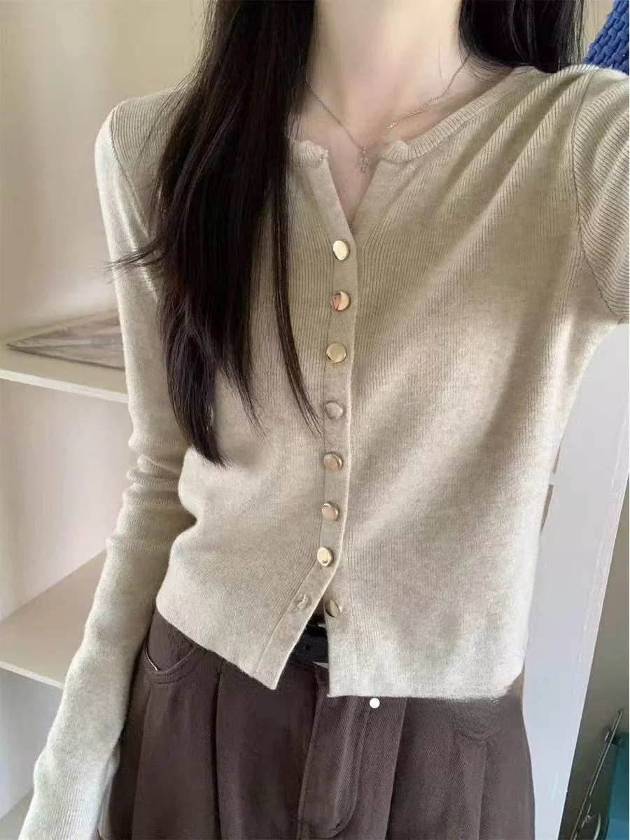 

Ретро-кардиган Ele V-Ne с V-образным вырезом, вязаный, с длинными рукавами, в рубчик, для женщин, весенний, для повседневной носки, мягкий, в корейском стиле