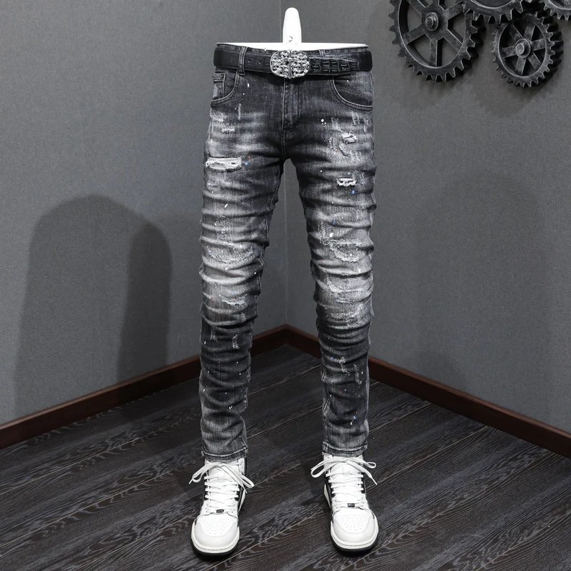 

Street Fashion Men Jeans Retro Black Gray Elastic Slim Ripped Jeans Men Vintage Trousers Patched Painted Designer Hip Hop Pants