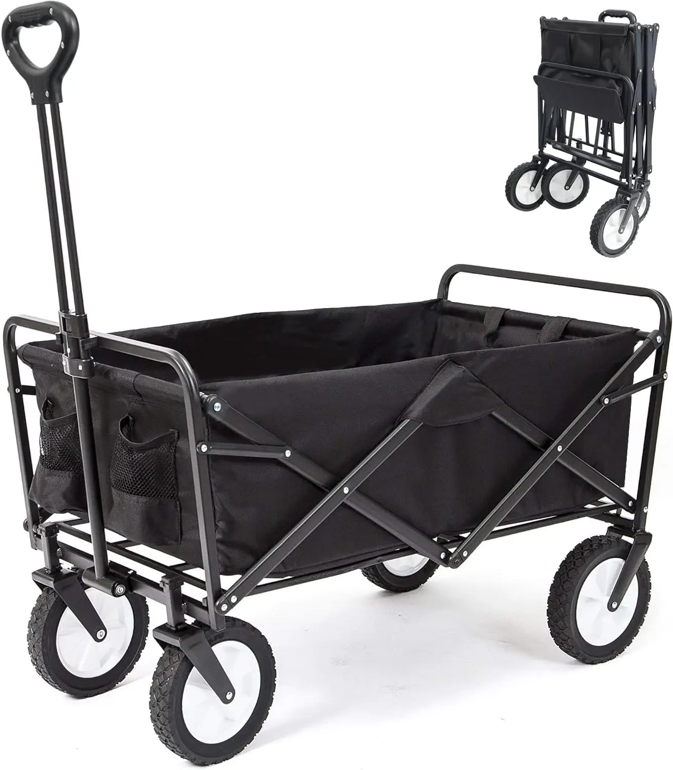 

Collapsible Folding Outdoor Utility Wagon, Beach Wagon Cart with All Terrain Wheels & Drink Holders, Portable Sports Wagon