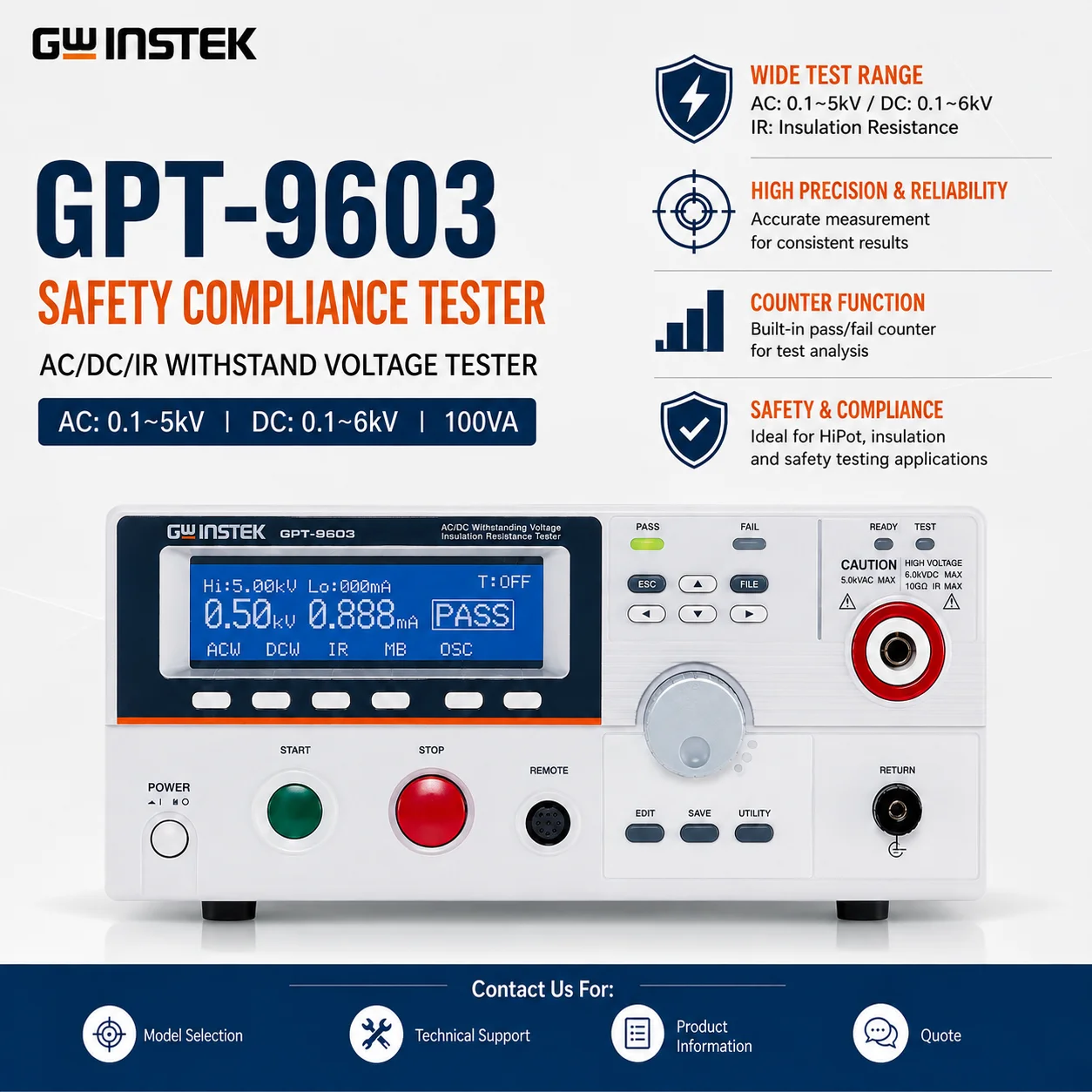 GW Instek GPT-9000 Hipot Tester Series, Electrical Safety Analyzer for AC/DC Withstand Voltage & Insulation Resistance