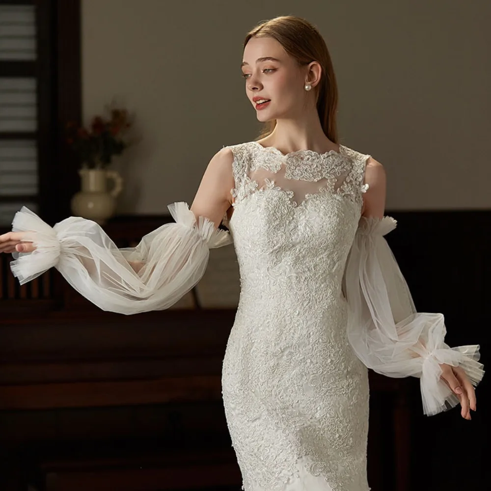 

Gift Korean Style Bridal Arm Sleeves Solid Color Yarn Wedding Long Sleeves Breathable Elastic Pleated Lace Arm Covers Banquet