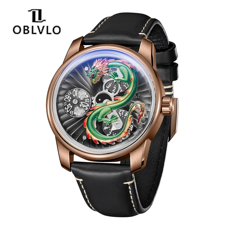 OBLVLO Mens 3D Green Dragon Design Automatic Mechanical Watch Sapphire Glass Waterproof Men Watch Miyota Movement Luminous Clock