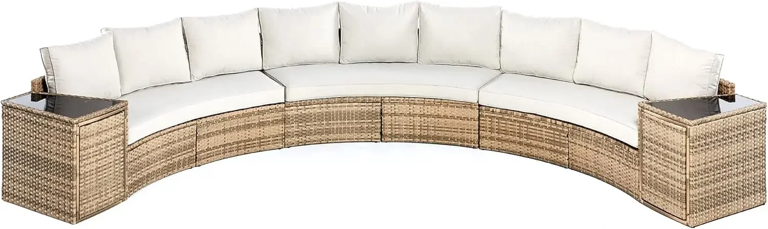 Conjuntos de muebles de patio, juego de sofás redondos seccionales, cojines para muebles de patio al aire libre y mesa de cuña para playa, piscina, balcón, color beige