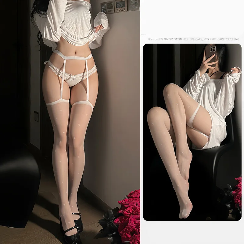 Collants sexy en soie noire à pois pour femmes, chaussettes à bretelles fines, collants en forme de cœur, sous-vêtements sexy pour femmes, Halloween 303