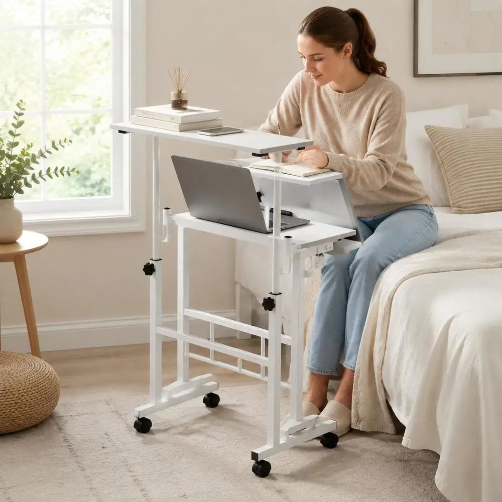 Bureau roulant réglable avec freins et crochets, double surface inclinable à 45 degrés ° , table de chevet ergonomique pour chambre à coucher, bureau, lecture, dessin, blanche