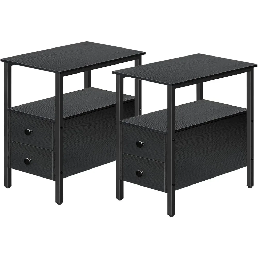 

Set of 2, Recliner Side Table with 2 Drawers and Open Shelves,for Small Spaces, in Living Room, Wood Look Accent Table, Black