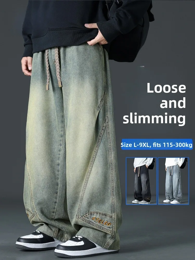 

Мужские джинсы больших размеров в американском стиле, весенне-осенние свободные широкие брюки в стиле ретро, универсальные спортивные прямые длинные брюки