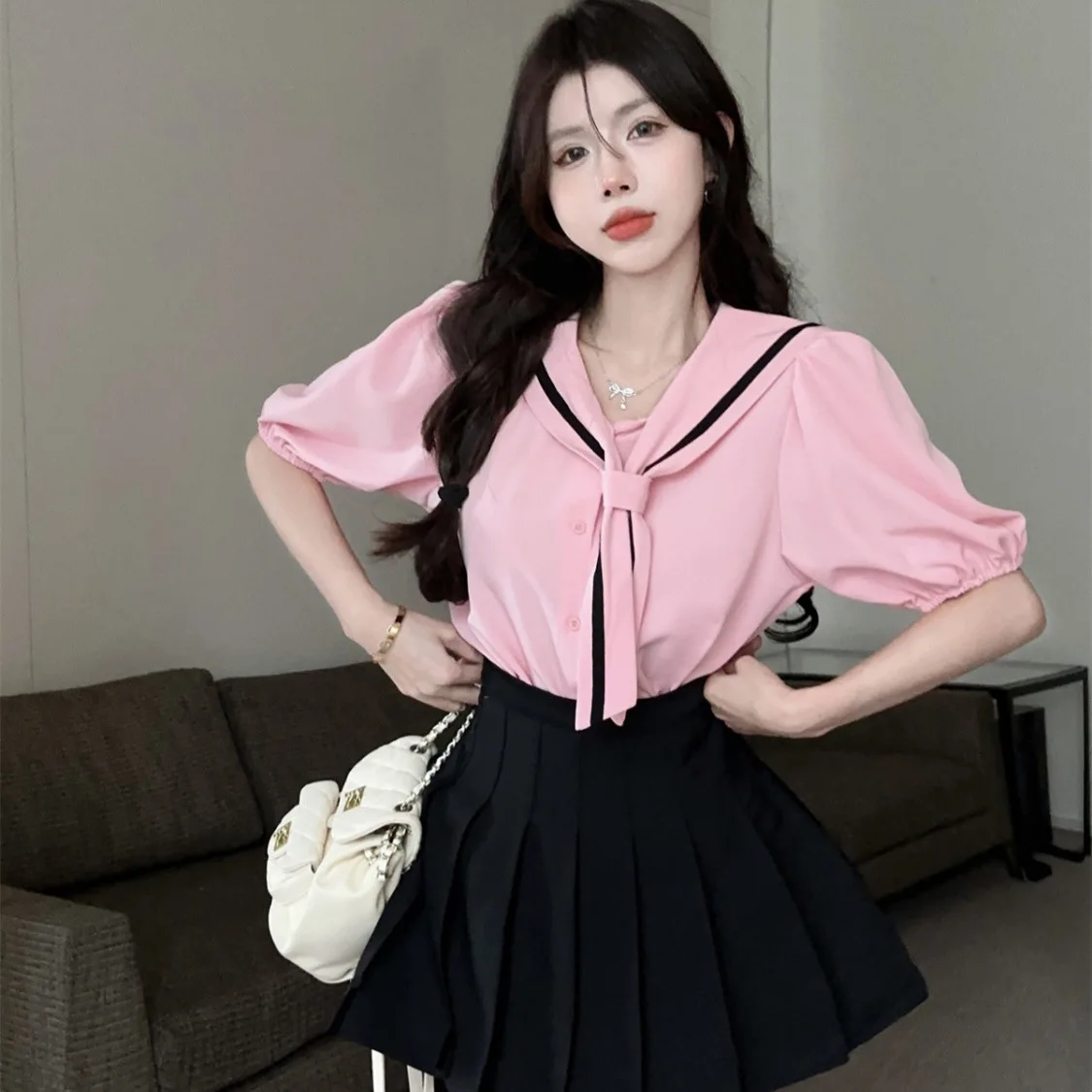 New Japanese Korean Style Girl Uniform Daily Two Piece Set Pink Short Puff Sleeved Shirt Black High Waisted Pleated Skirt Summer