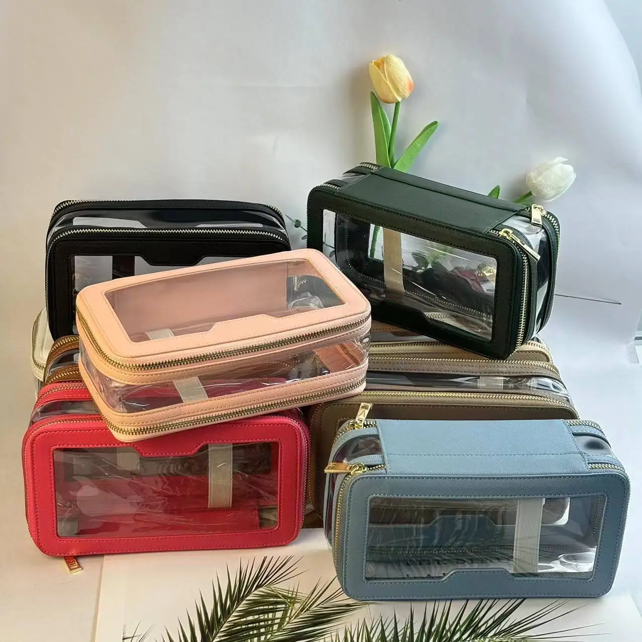 

1pc leather + transparent TPU simple portable waterproof toiletry bag travel double layer cosmetics storage bag