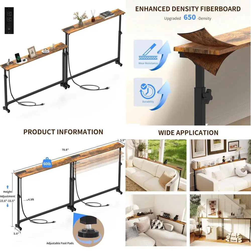 

5.9"W *78.8"L Narrow Console Sofa Table Adjustable Height(23.6"-33.5"), Long Behind Couch Table with 2 Power Outlets, USB-C Port