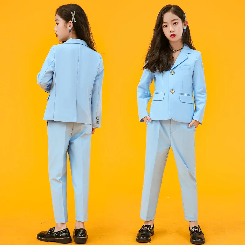 

Girls Solid Color Suits Set Children Fashion Host Catwalk Show Costume Kids Blue Blazer Vest Pants 3pcs Clothing Set