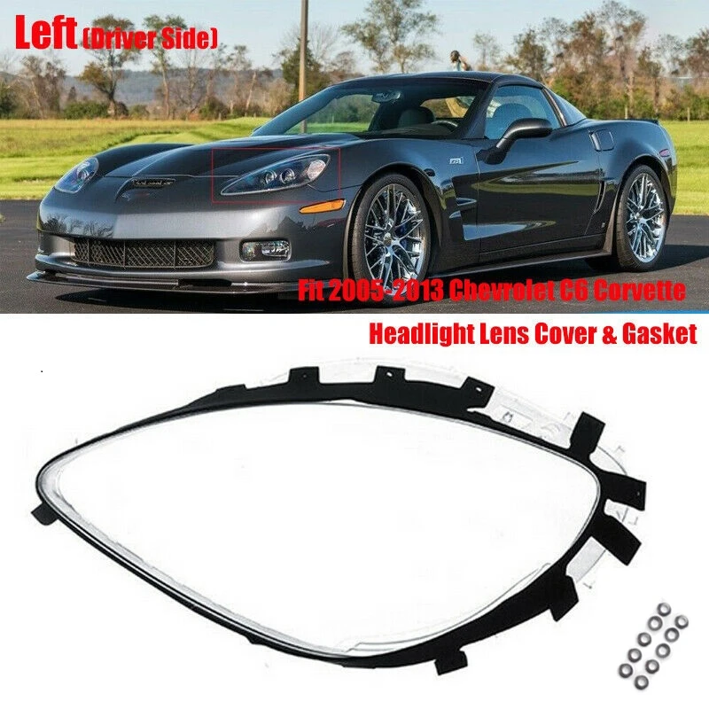 Left Headlight Lens Covers for Chevrolet C6 Corvette 2005-2013 with Black Trim Gaskets Seal Kit & 10Pcs Fix Nut Snaps