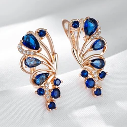 Wbmqda Luxury Elegant Blue Crystal Flower Drop Earrings For Women 585 Rose Gold Color Ethnic Wedding Party Fine Zircon Jewelry