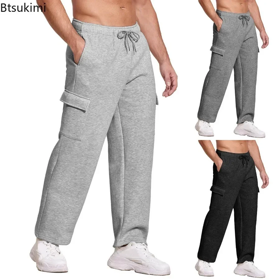 

New Men's Fleece Thick Casual Trousers Autumn Winter Warm Drawstring Sweatpants Multi Pockets Loose Straight Joggers Pants Male