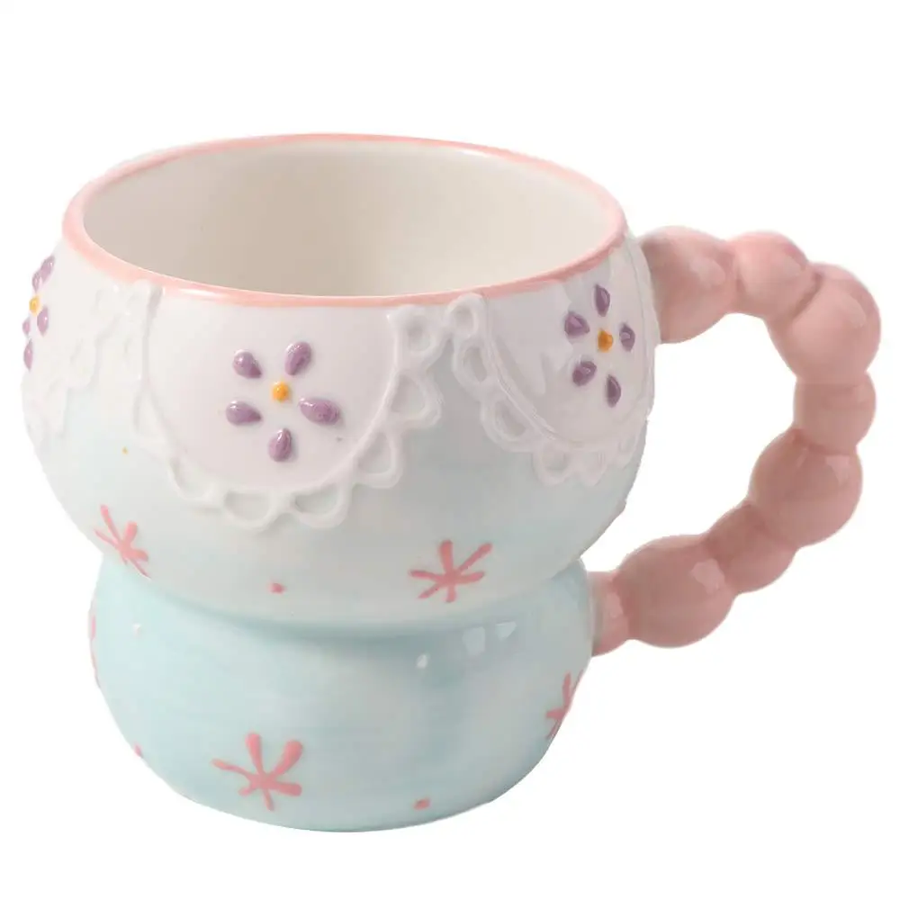 

Durable Cute Ceramic Breakfast Cup Gourd Shape Hand Painted Oat Bowl Mug Large Capacity Floral Pattern Coffee Mug Holiday Gift