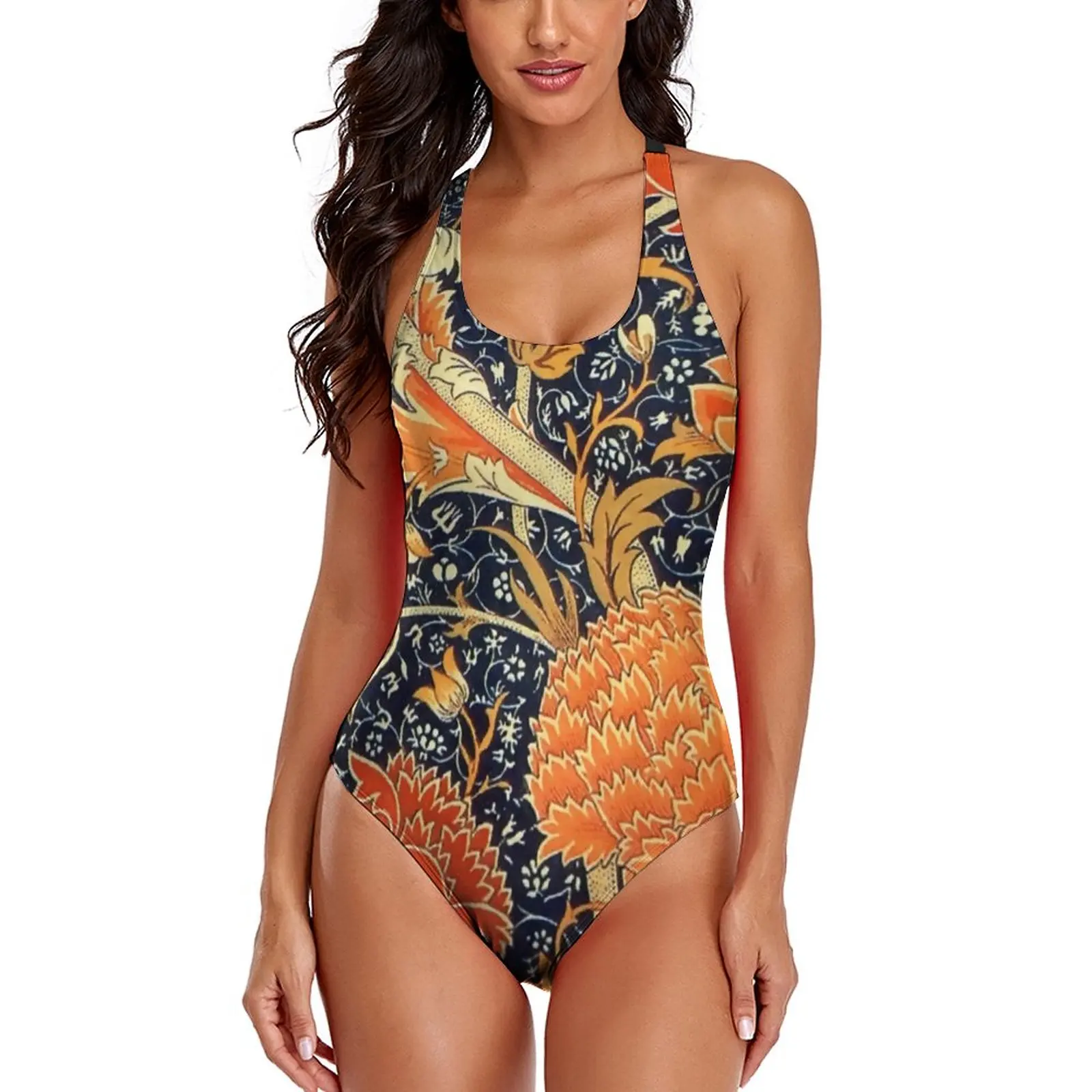 Traje de baño con estampado de arte floral, traje de baño artístico Vintage de una pieza, Monokini deportivo con realce, trajes de baño cruzados en la espalda, trajes de playa para mujer