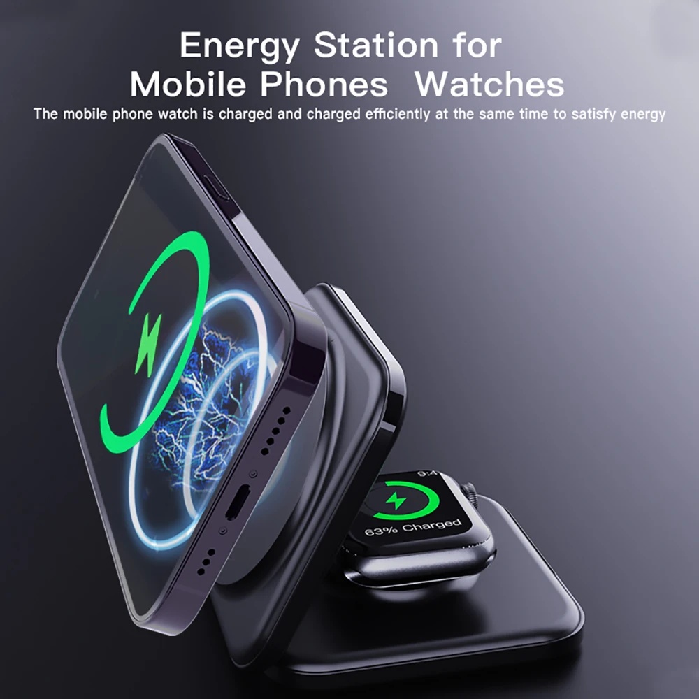 2 in 1 Portable Wireless Charging for Apple Watch 8/7/SE/6 15W Magnetic Wireless Chargers Foldable for iPhone 8 11 XR 14 Charger