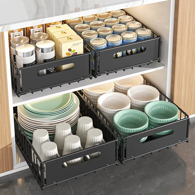 Kitchen Cabinet Slide‑Out Storage Basket Pull Out Drawer Organizer for Spice Jars Canned Food Pantry Cupboard Storage Holder