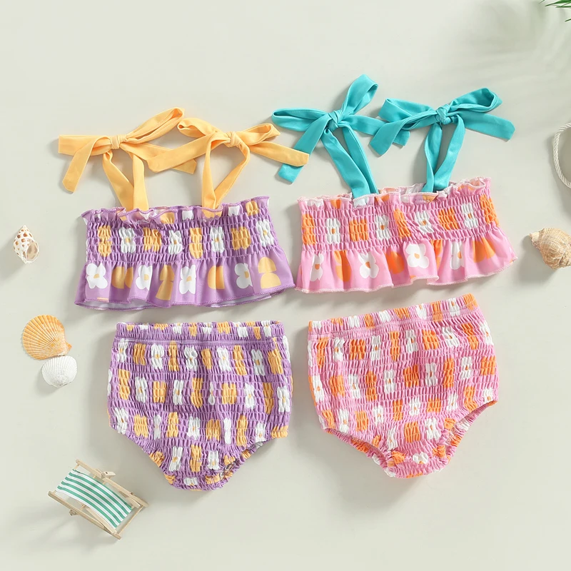 Yiiciovy dzieci dziewczyny Seet bandaż pasek Bikini Set sznurowanie Ruffles Camisole + plisowane figi kwiat wydruku piękne dzieci strój kąpielowy