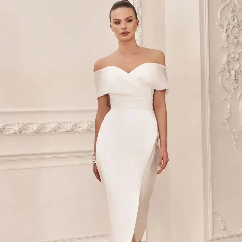 Simple Wedding Dress Off Shouler Satin Side Slit For Women Customize To Measures Bridal Gown Beach Civil Ankle Length Stunning