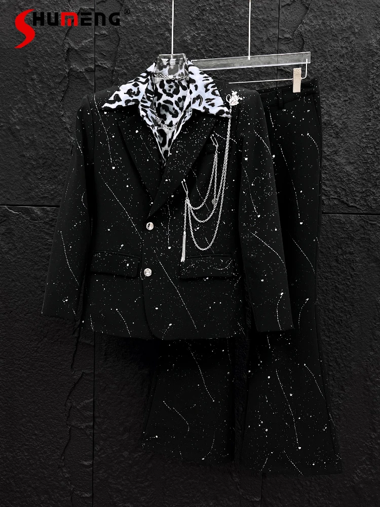 

2025 Men's New Stylish 2pcs Fashion Chain Decoration Loose Trendy Versatile Blazers Jackets Starry Sky High-End Suit Pants Sets