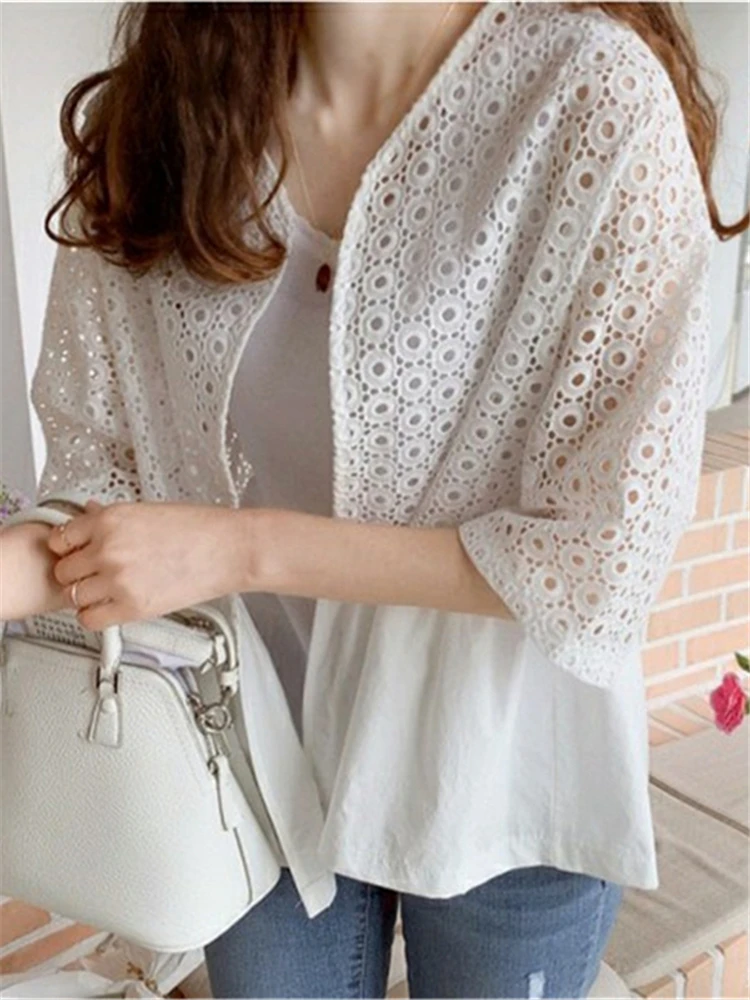 Colorfaith BL6673JM New 2024 Korean Fashion Open Stitch Shirts Cutout Vintage Women Spring Summer Elegant Lady Blouses Lady Tops