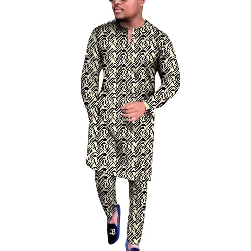 

Fashion Nigerian Men's V-Neck Shirts With Print Trousers African Wax Garment Male Pant Sets Traditional Wedding Party Wear