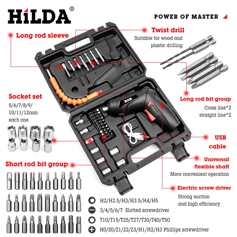 HILDA Power Tools 3.6V Handheld Electric Screwdriver Portable Cordless Electric Drill USB Rechargeable