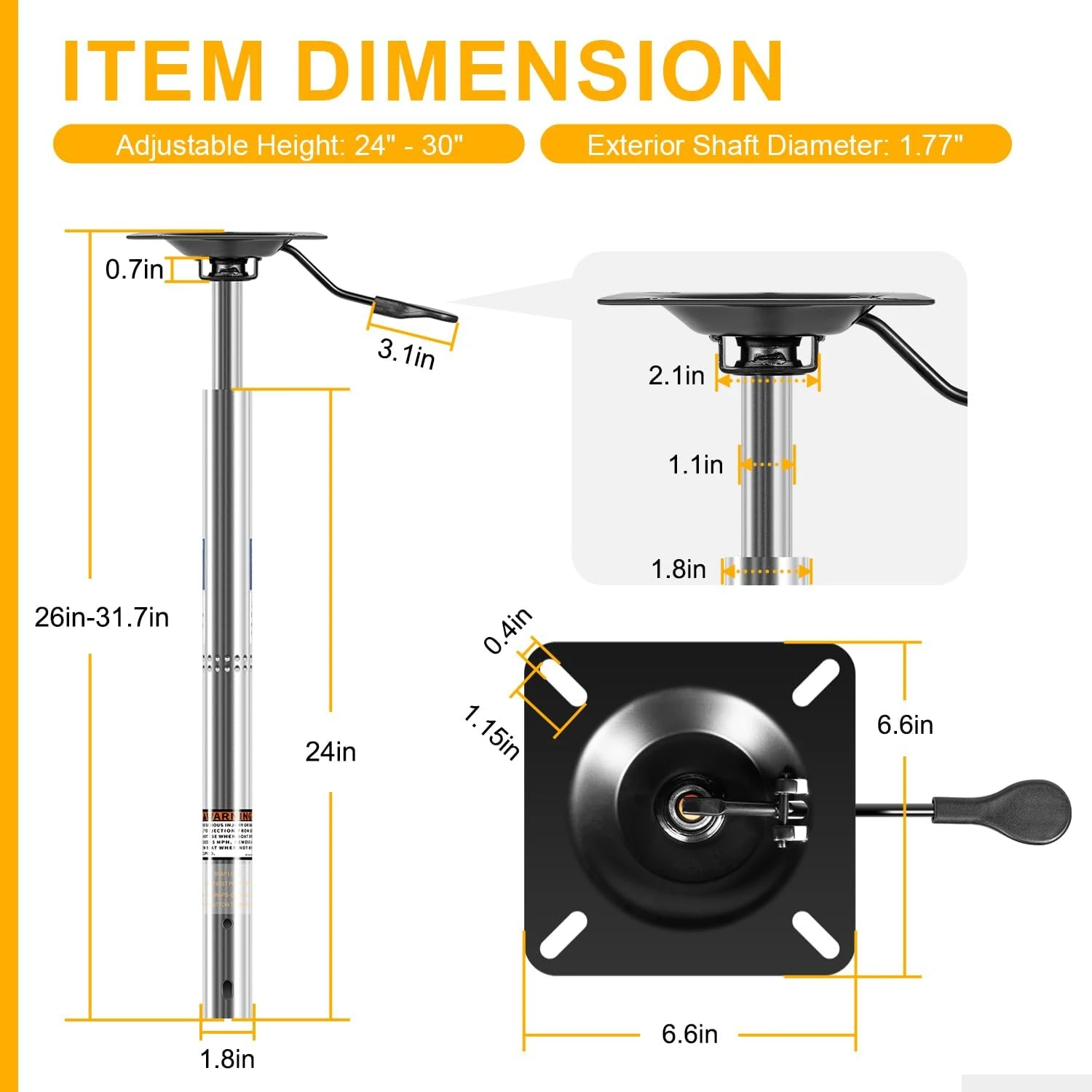 ANX SP-39204 Snap-Lock Power Pedestal Verstellbare Bootssitz-Halterung Verlängerungsstange 1,77" Stange 24"-30" Höhenverstellbar – Detail 11