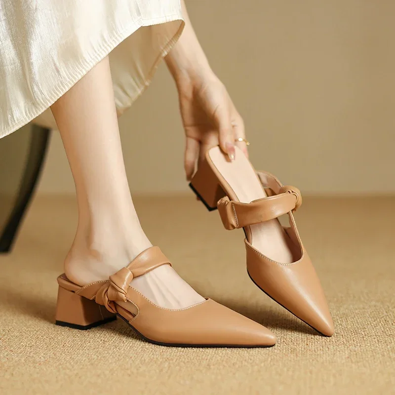 

Plus Size 41 42 43 Spring Summer New Pointed Toe Hollow Cutout Slippers Women Solid Slip on 5cm Heels Sandals Mules Shoes Female