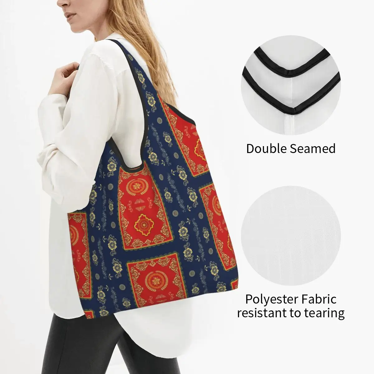 Funny Printed Antique Persian Carpet Shopping Tote Bag Portable Shoulder Shopper Bohemian Rug Ethnic Tribal Style Handbag