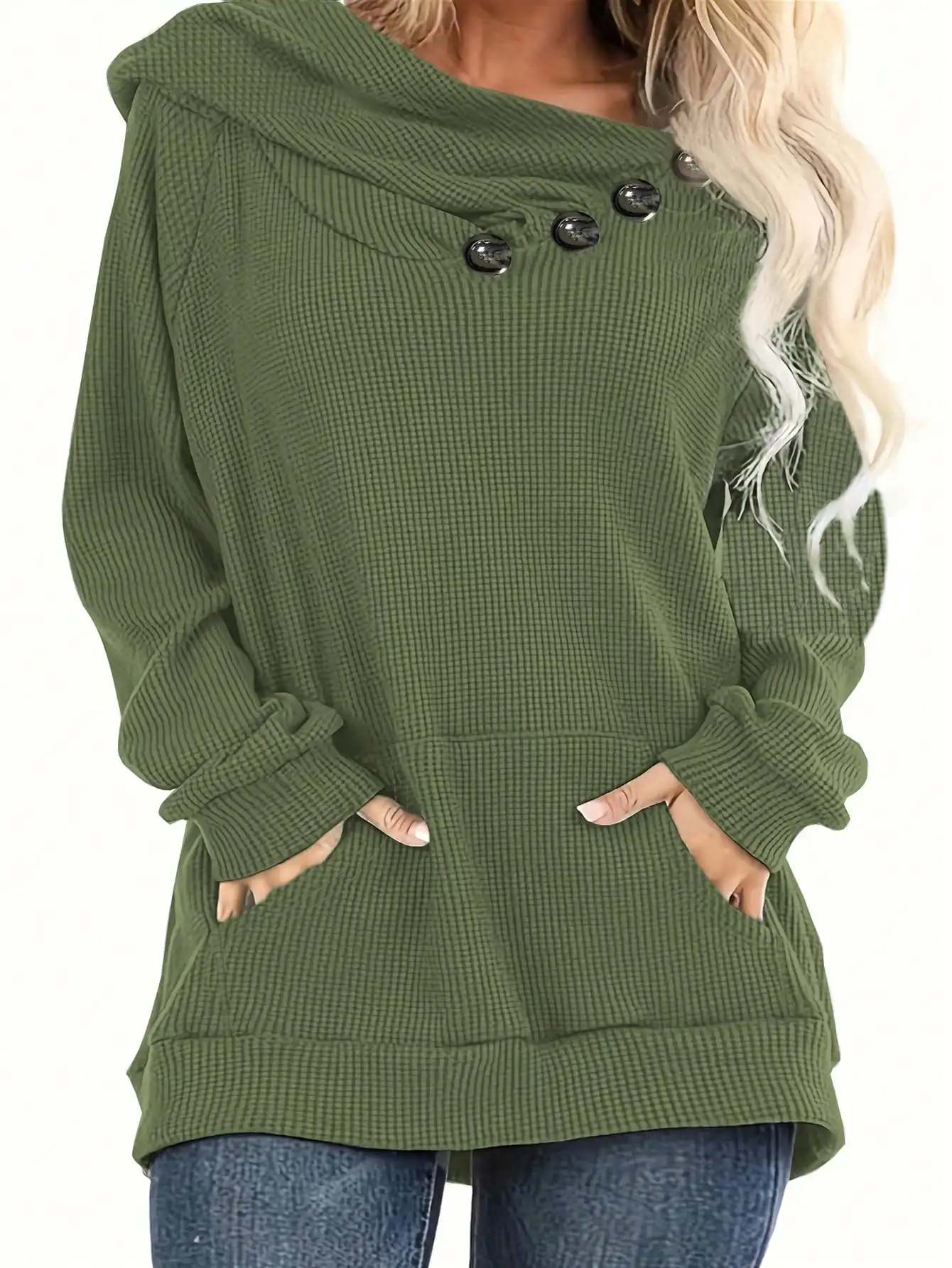 

Olive Green Waffle Knit Hoodie with Button Detail, Loose Fit for Autumn Casual Wear