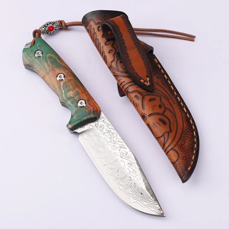 Stable wooden handle Damascus steel fishing fixed high hardness wilderness survival knife self-defense fruit knife