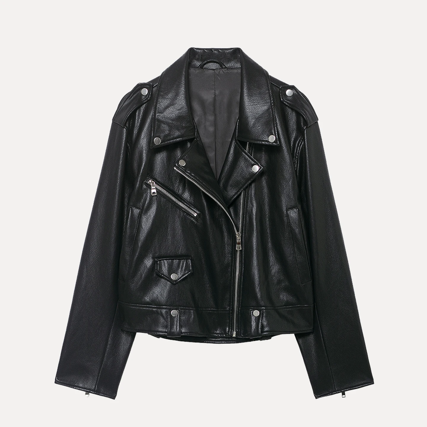 جديد خريف 2025 معطف Jaet Street Sle طويل Sve ort معطف مسطح ذو طية صدر السترة وسحاب مائل من الجلد Jaet