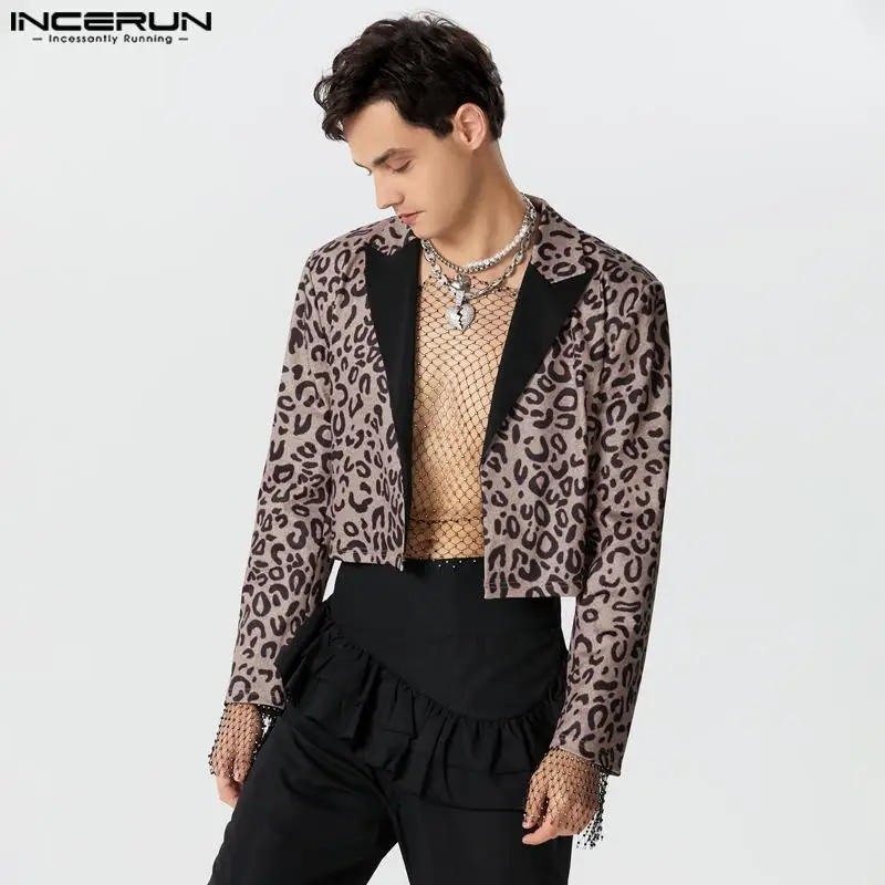 

INCERUN Men Blazer Leopard Printing Lapel Long Sleeve Streetwear Male Crop Coats Autumn 2023 Open Stitch Fashion Casual Suits