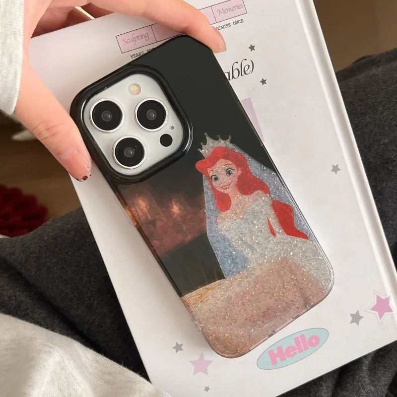 Disney Mermaid Ariel Wedding Dress Phone Case for iPhone 13 14 15 16 Pro Max Sparkling Pink Princess Girl Cover Coque