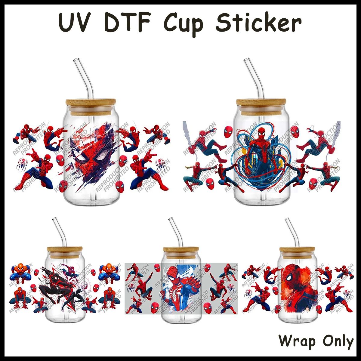 Red Blue Super Hero Character Spider Element UV DTF Cup Wrap Transfer Sticker for 16oz Libbey Glass Can Kids Hero Theme Decal
