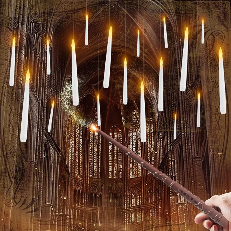 10Pcs/20 Pcs Floating Wand Hanging Candles Warm Light Flameless Taper Candles with Wand Remote for Birthday Halloween Party Deco