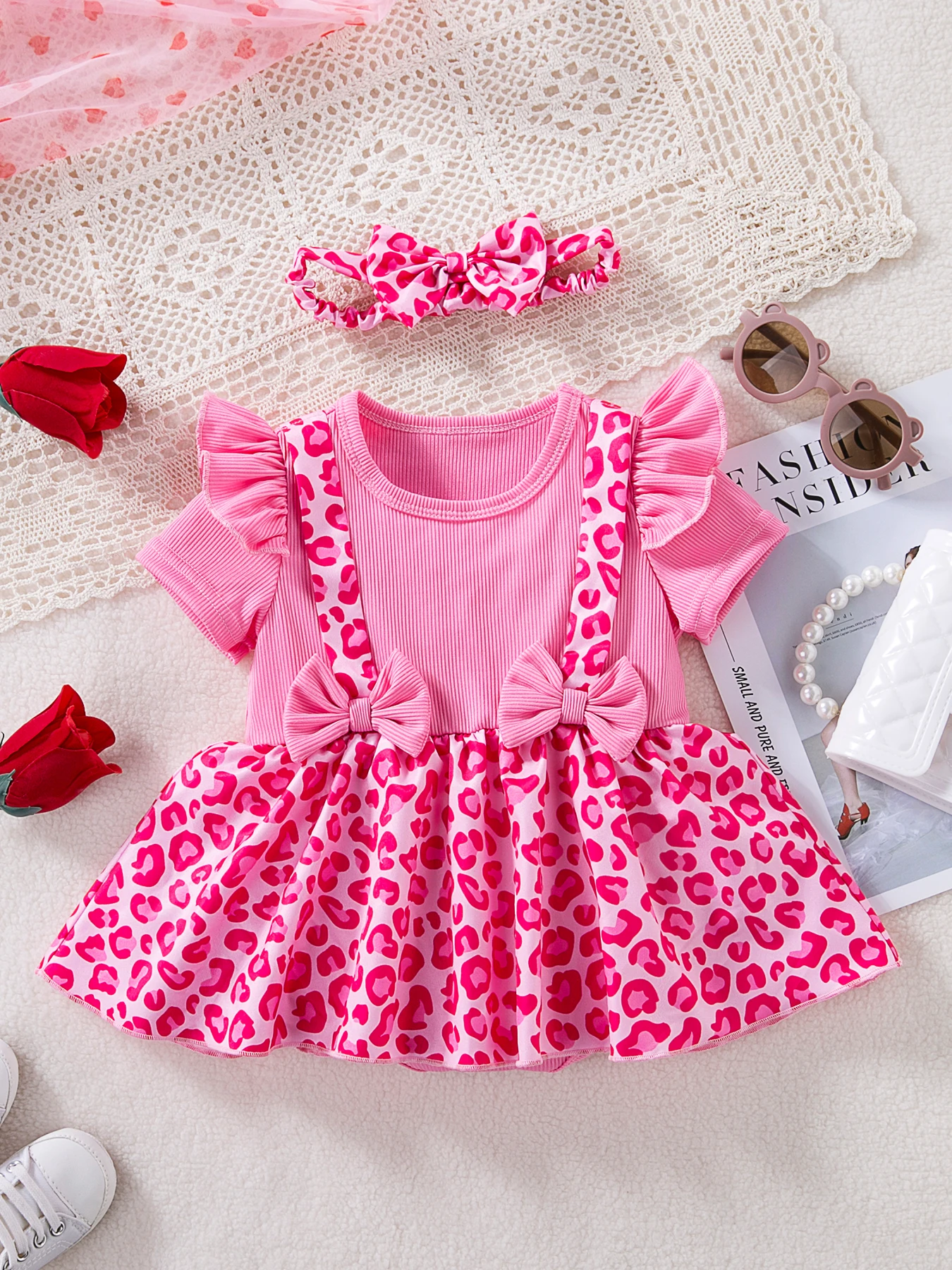Baby Girls Pink Leopard Print Dress with Headband Set - Ruffle Short Sleeve Knit Sundress, 2Pcs Summer Outfit for Infants