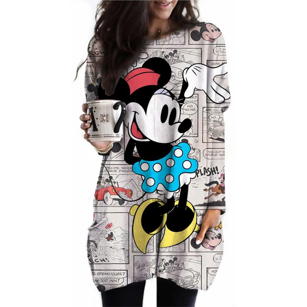 Oversized round neck loose casual pocket T-shirt for women, long sleeved Disney Mickey Mouse printed pullover for women, fashion