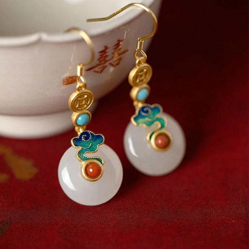 Chinese Hanfu Gold Plated Alloy Drop Earrings Imitation White Jade Peace Buckle Enamel Cloud Vintage Jewelry For Women Party Wea