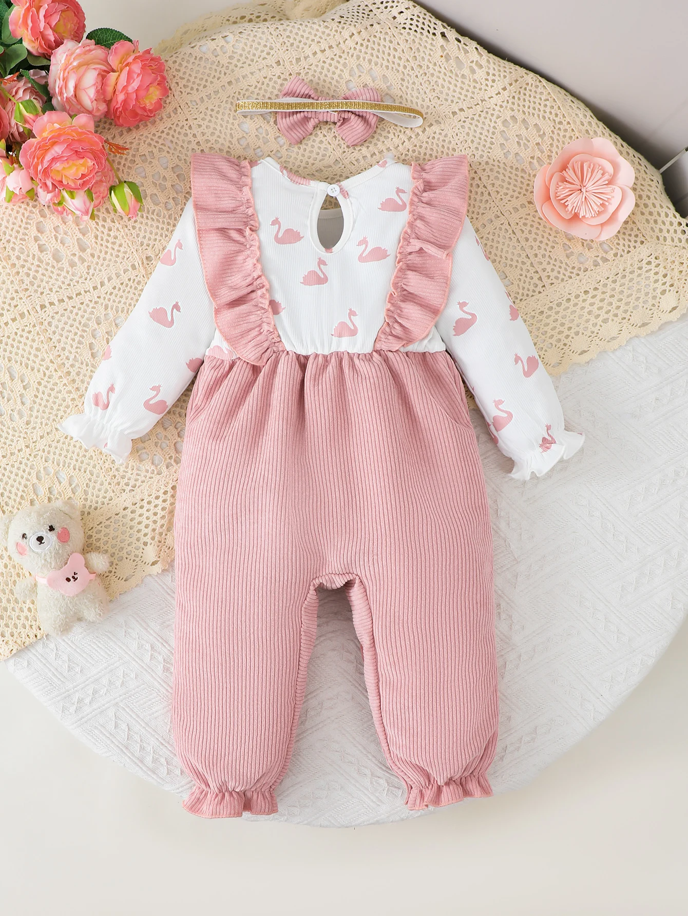 0-12 Month Baby Girl Jumpsuit Ruffled Long Sleeved Color Blocked Jumpsuit and Headband Suitable Baby Girl Autumn Cute Clothing