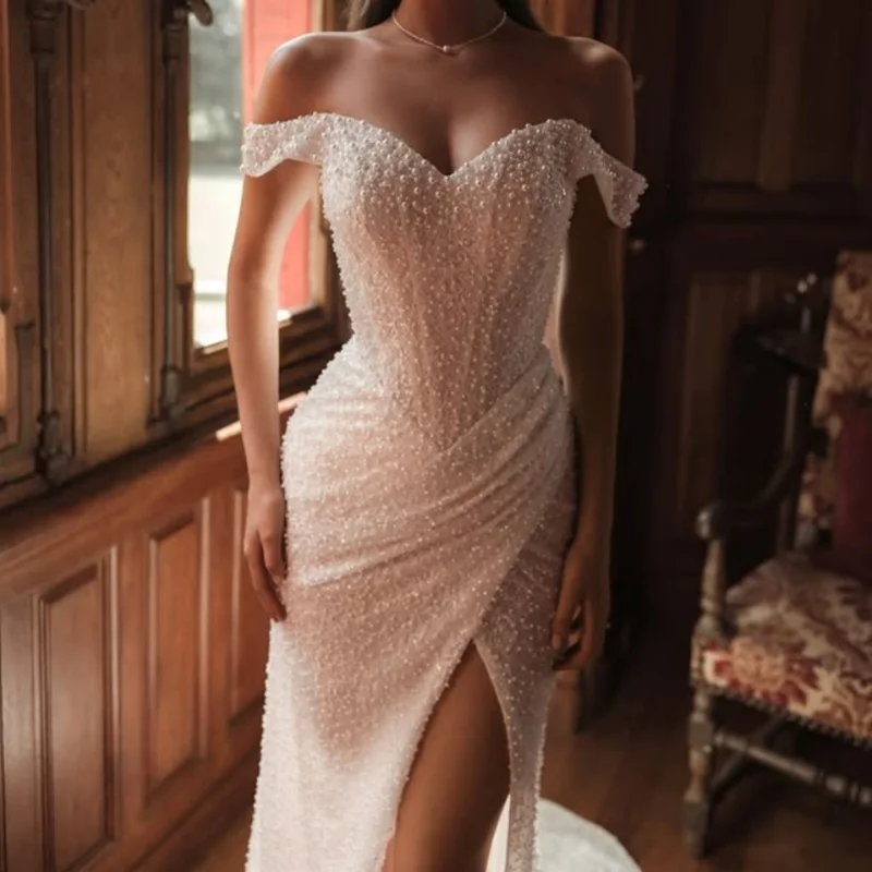

Shiny ivory white flower Appliques Lace layering Wedding Dresses of fishtail beads off-shoulder Bridal Gowns Made Customized