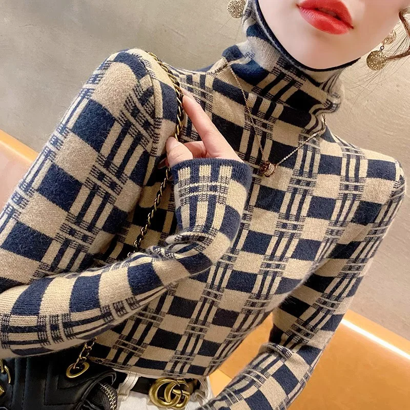 

Women Clothing Turtleneck Slim Sweaters 2024 Spring Plaid Knitted Elasticity Comfortable Pullovers Chic Casual Y2k Knitwear Tops