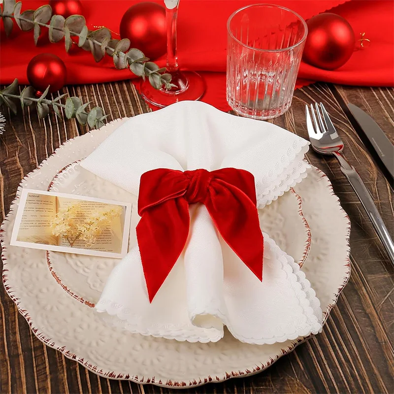 

6pcs Christmas Napkin Rings Set Red Green Velvet Bow Tie Holder for Holiday Table Decor Festive Cloth Napkin Ring